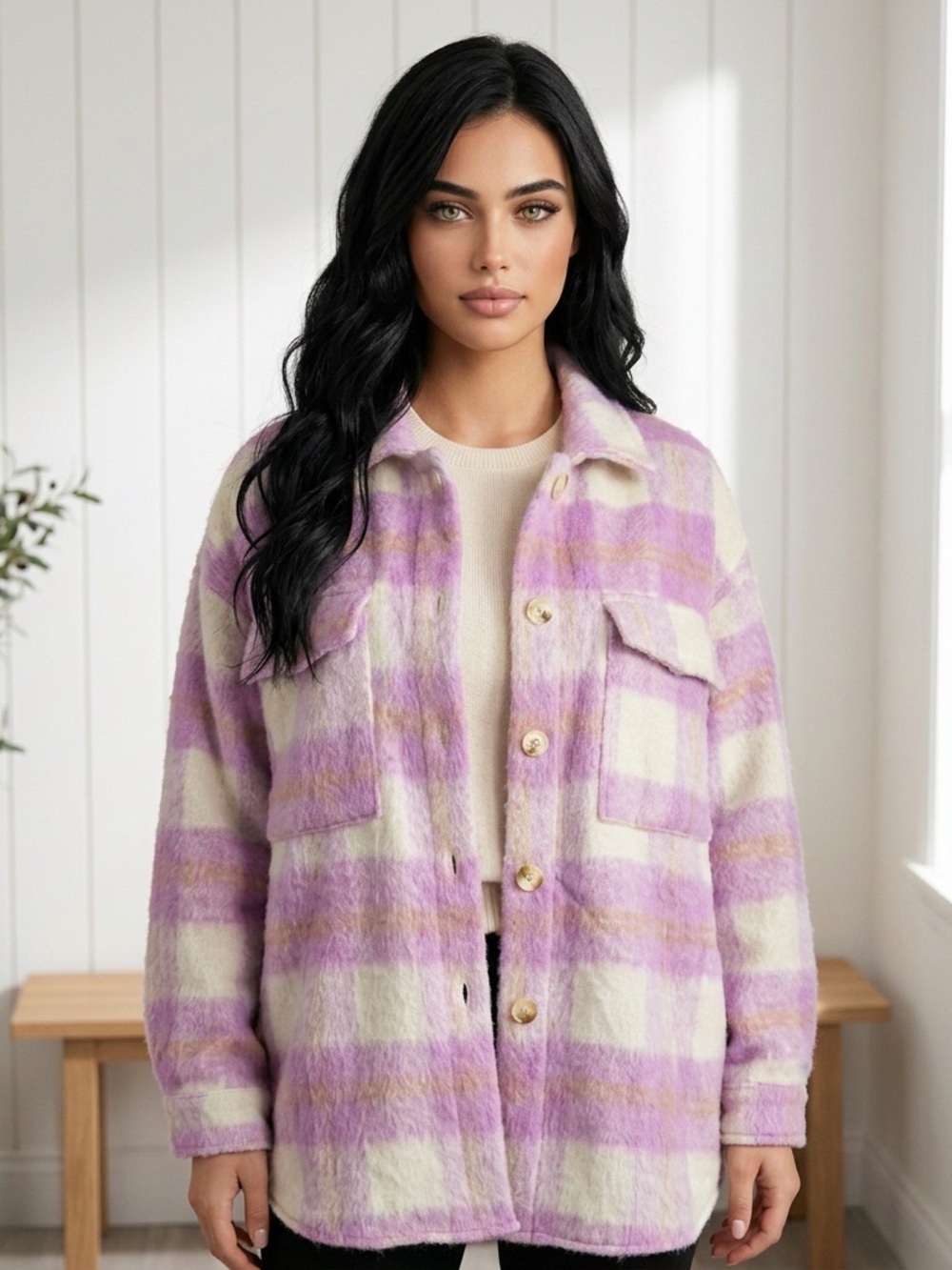 Plaid Shacket Coatigan in Lavender and Cream - Women